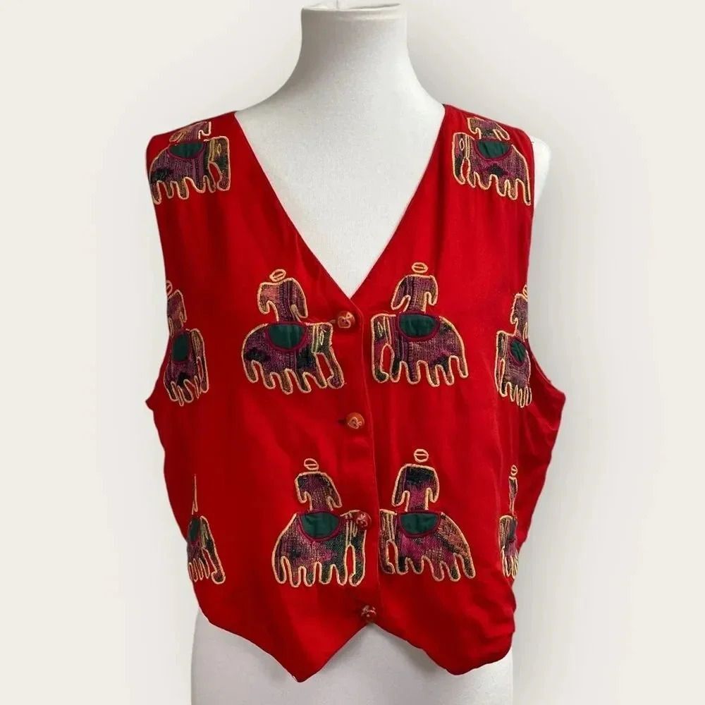 90's Vintage red embroidered vest. Women's small. Fall gold green tapestry